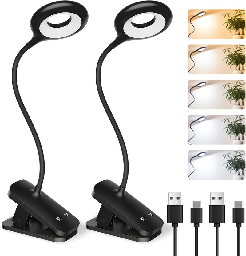 CUHIOY 2Pack Clip on Reading Light, 5 Colors 5 Brightness Bed Light for Headboard, Battery Rechargeable Flexible Neck Desk Lamp with Strong Clamp, Eye Protect LED Night Light for Kids Bunk Bed（Black） - Image 1