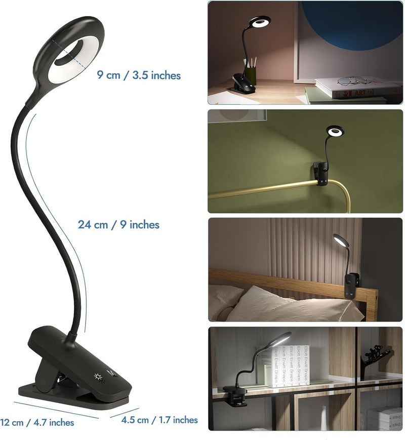CUHIOY 2Pack Clip on Reading Light, 5 Colors 5 Brightness Bed Light for Headboard, Battery Rechargeable Flexible Neck Desk Lamp with Strong Clamp, Eye Protect LED Night Light for Kids Bunk Bed（Black） - Image 4