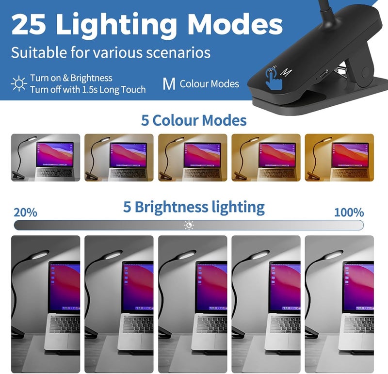 CUHIOY 2Pack Clip on Reading Light, 5 Colors 5 Brightness Bed Light for Headboard, Battery Rechargeable Flexible Neck Desk Lamp with Strong Clamp, Eye Protect LED Night Light for Kids Bunk Bed（Black） - Image 5