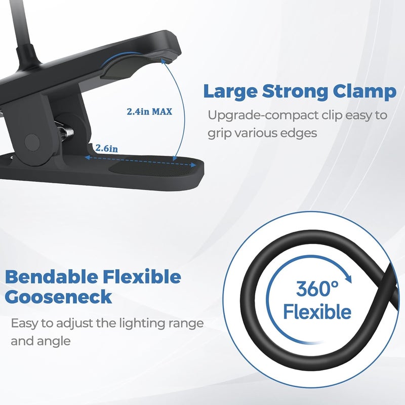 CUHIOY 2Pack Clip on Reading Light, 5 Colors 5 Brightness Bed Light for Headboard, Battery Rechargeable Flexible Neck Desk Lamp with Strong Clamp, Eye Protect LED Night Light for Kids Bunk Bed（Black） - Image 3