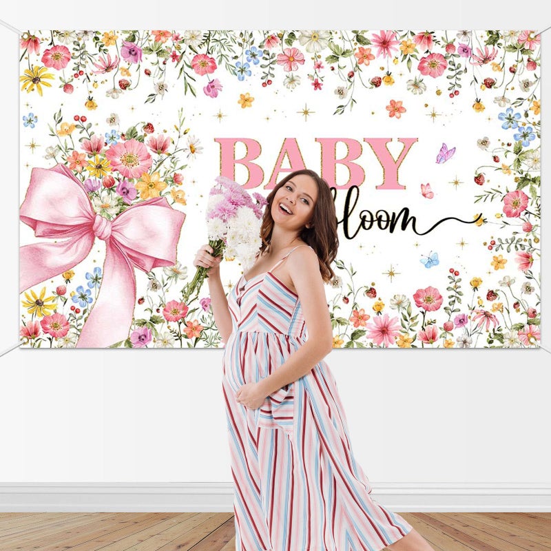 Mocsicka Baby in Bloom Baby Shower Banner Backdrop for Girls Pink Bow Baby Girl Shower Party Background Decorations Wildflower Butterfly Gold Glitter Photography Banner (6x3.6ft) - Image 3
