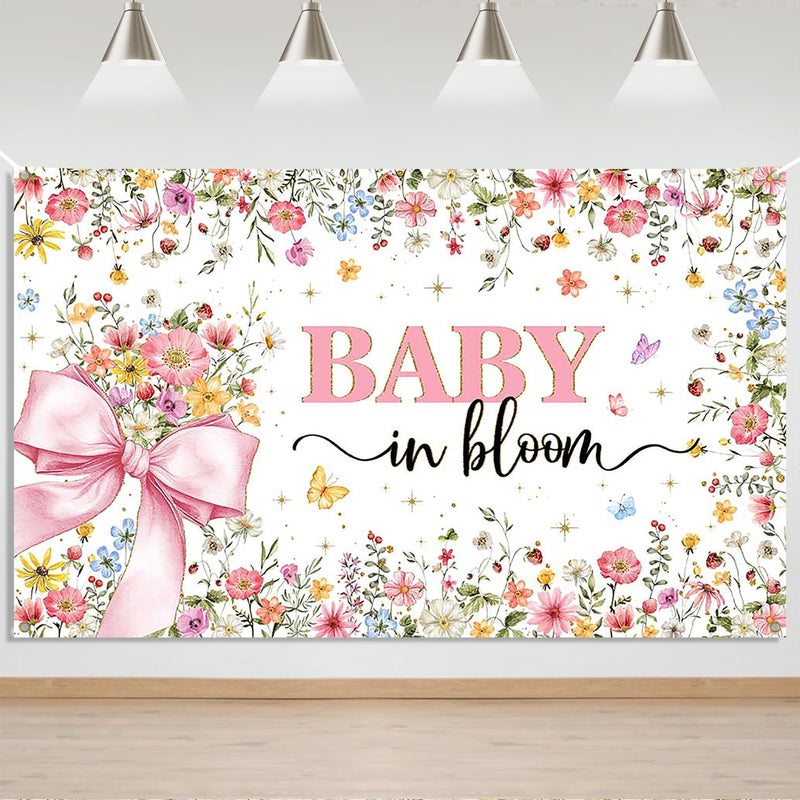Mocsicka Baby in Bloom Baby Shower Banner Backdrop for Girls Pink Bow Baby Girl Shower Party Background Decorations Wildflower Butterfly Gold Glitter Photography Banner (6x3.6ft) - Image 1