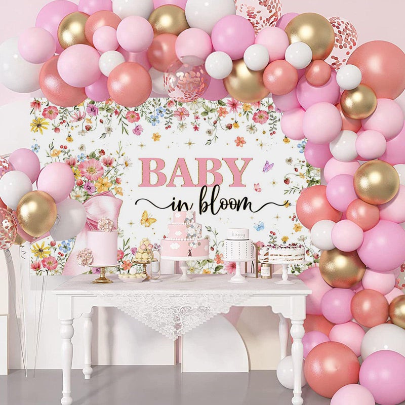 Mocsicka Baby in Bloom Baby Shower Banner Backdrop for Girls Pink Bow Baby Girl Shower Party Background Decorations Wildflower Butterfly Gold Glitter Photography Banner (6x3.6ft) - Image 2