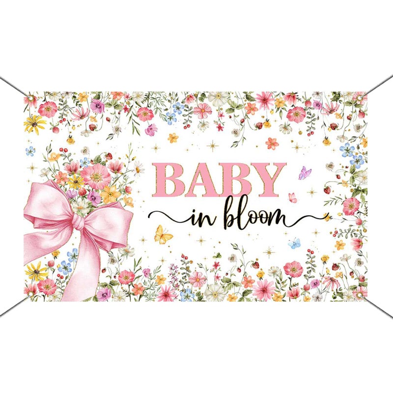 Mocsicka Baby in Bloom Baby Shower Banner Backdrop for Girls Pink Bow Baby Girl Shower Party Background Decorations Wildflower Butterfly Gold Glitter Photography Banner (6x3.6ft) - Image 5