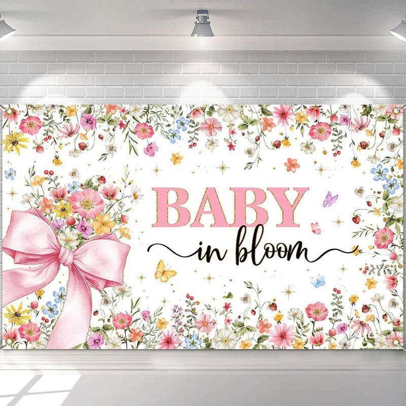 Mocsicka Baby in Bloom Baby Shower Banner Backdrop for Girls Pink Bow Baby Girl Shower Party Background Decorations Wildflower Butterfly Gold Glitter Photography Banner (6x3.6ft) - Image 4