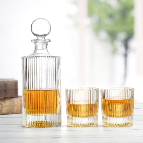 QUEENSTONE LEAD FREE 27Oz Whiskey Liquor Decanter Ribbed Set in Box,Decanter Set with 2 Glasses,Idea for Scotch Liquor,Whiskey Wine Decanter Suit for Men and Women Father Coworkers - Image 5