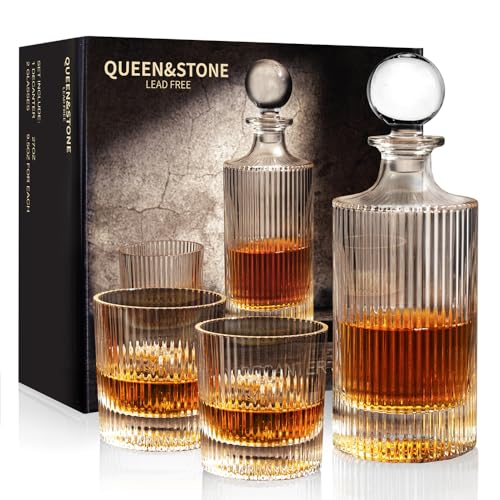 QUEENSTONE LEAD FREE 27Oz Whiskey Liquor Decanter Ribbed Set in Box,Decanter Set with 2 Glasses,Idea for Scotch Liquor,Whiskey Wine Decanter Suit for Men and Women Father Coworkers - Image 1