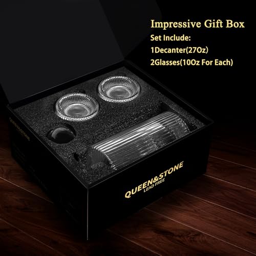 QUEENSTONE LEAD FREE 27Oz Whiskey Liquor Decanter Ribbed Set in Box,Decanter Set with 2 Glasses,Idea for Scotch Liquor,Whiskey Wine Decanter Suit for Men and Women Father Coworkers - Image 3