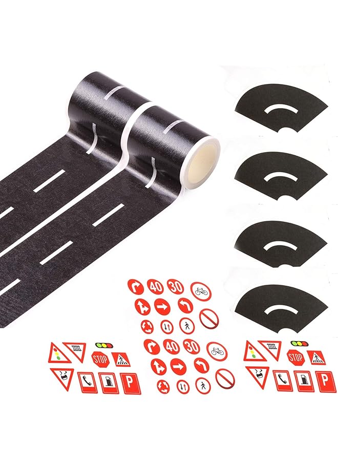 erorex Black Road Sets 2 Rolls 16.4'X2 Straight Track Road Sticker Tape 4 Pcs 2 Inch Black Tight Curves 40 Die Cut Traffic Sign Stickers For Toy Car Diy Traffic Road Adhesive Removable Tape Set A - Image 1