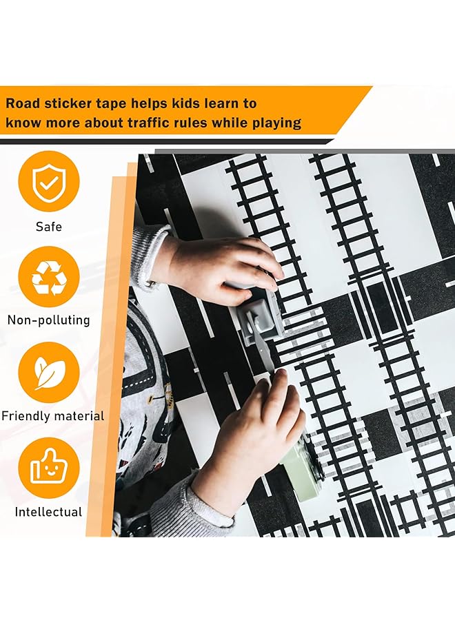 erorex Black Road Sets 2 Rolls 16.4'X2 Straight Track Road Sticker Tape 4 Pcs 2 Inch Black Tight Curves 40 Die Cut Traffic Sign Stickers For Toy Car Diy Traffic Road Adhesive Removable Tape Set A - Image 4