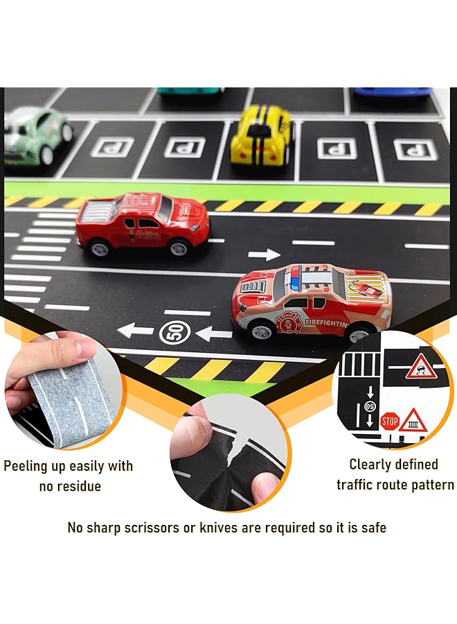 erorex Black Road Sets 2 Rolls 16.4'X2 Straight Track Road Sticker Tape 4 Pcs 2 Inch Black Tight Curves 40 Die Cut Traffic Sign Stickers For Toy Car Diy Traffic Road Adhesive Removable Tape Set A - Image 3