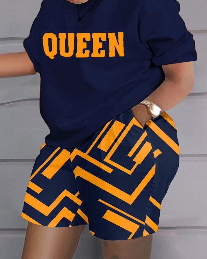 Hip-Hop Street Trendy Plus-Size Womens Casual Outfit dark blue printing