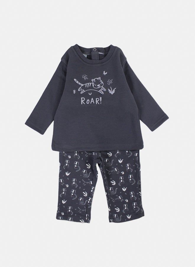 Pompelo Baby Boys Cotton 2-Piece Outfit Set – Dark Grey with “ROAR!” Print - Image 1