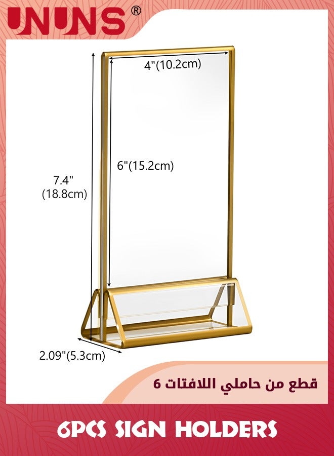 UNUNS 6 Pack Acrylic Sign Holders,10.2x15.2 cm (4x6 inch) Golden Clear Picture Frames Vertical Stand,Double Sided Menu Holder Display For Wedding Table Number,Restaurant Recipe,Photo - Image 2