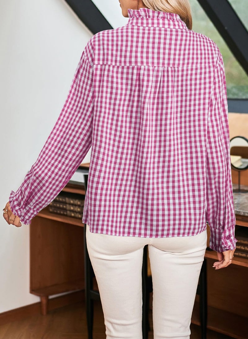 Astylish Women Gingham Plaid Long Sleeve Shirts Ruffle V Neck Tops Business Casual Blouses Trendy 2025 Fall Fashion Pink Small - Image 3