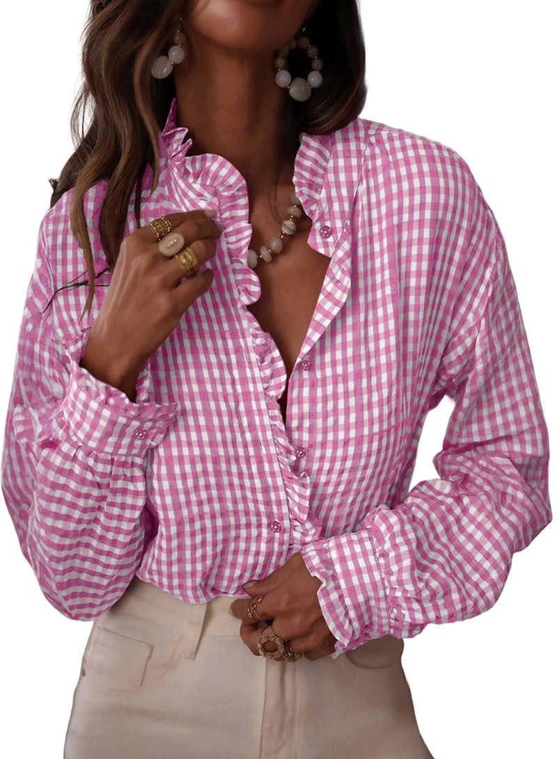 Astylish Women Gingham Plaid Long Sleeve Shirts Ruffle V Neck Tops Business Casual Blouses Trendy 2025 Fall Fashion Pink Small - Image 1