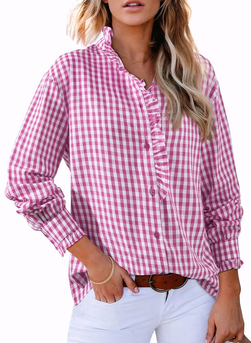 Astylish Women Gingham Plaid Long Sleeve Shirts Ruffle V Neck Tops Business Casual Blouses Trendy 2025 Fall Fashion Pink Small - Image 4