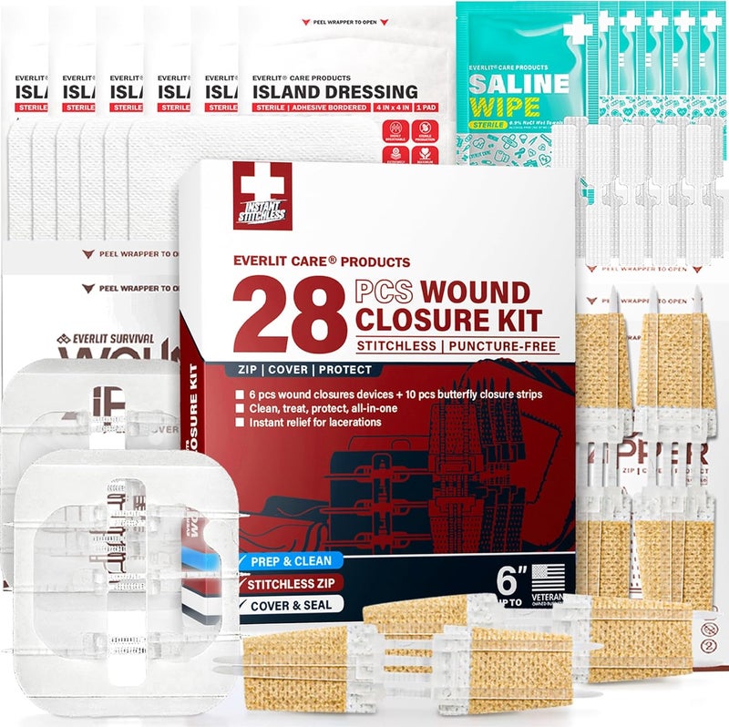 EVERLIT CARE Wound Closure Kit  28 Pcs AllinOne First Aid with SutureFree Stitchless Zip Devices Butterfly Bandages for up to 6 Wounds  100 Sterile Medical Supplies to Clean Cover  Heal - Image 1
