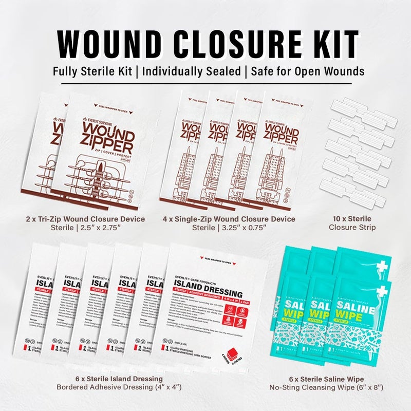 EVERLIT CARE Wound Closure Kit  28 Pcs AllinOne First Aid with SutureFree Stitchless Zip Devices Butterfly Bandages for up to 6 Wounds  100 Sterile Medical Supplies to Clean Cover  Heal - Image 2