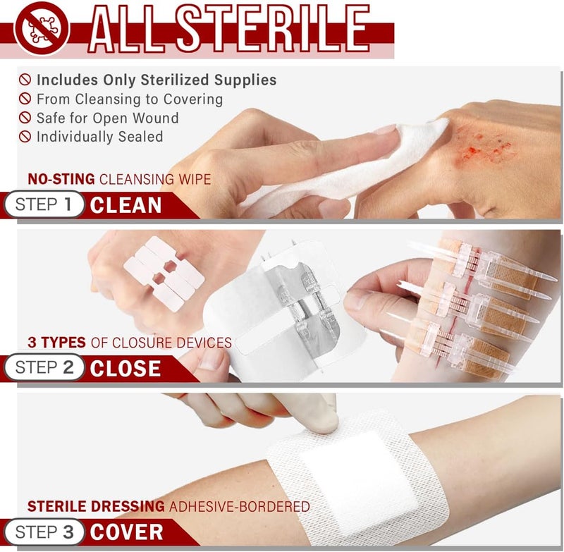 EVERLIT CARE Wound Closure Kit  28 Pcs AllinOne First Aid with SutureFree Stitchless Zip Devices Butterfly Bandages for up to 6 Wounds  100 Sterile Medical Supplies to Clean Cover  Heal - Image 3