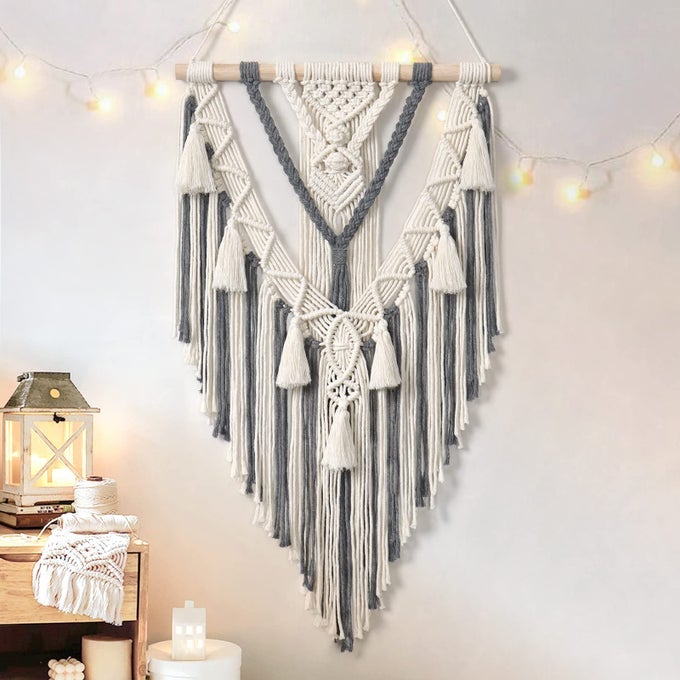 MACRAME WOVEN WALL HANGING BOHO GEOMETRIC WOVEN TAPESTRY BEIGE GREY COTTON HANDMADE BOHEMIAN ART DECOR WITH TASSEL CRAFT ORNAMENT FOR BEDROOM LIVING ROOM APARTMENT NURSERY GREY