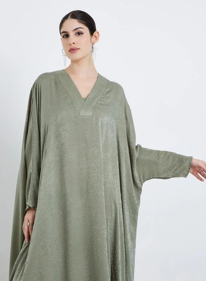 Amirah Women Green Satin V-Neck A-Line Jalabiya