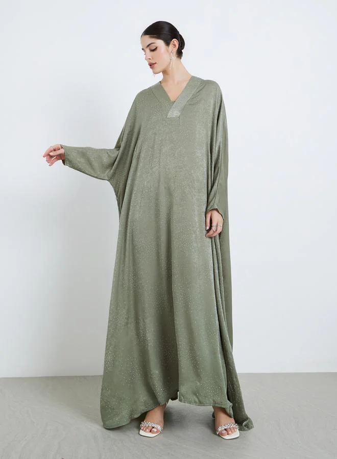 Amirah  Women Green Satin V-Neck A-Line Jalabiya for Women | Best Price UAE