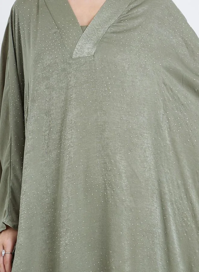 Amirah  Women Green Satin V-Neck A-Line Jalabiya for Women | Best Price UAE