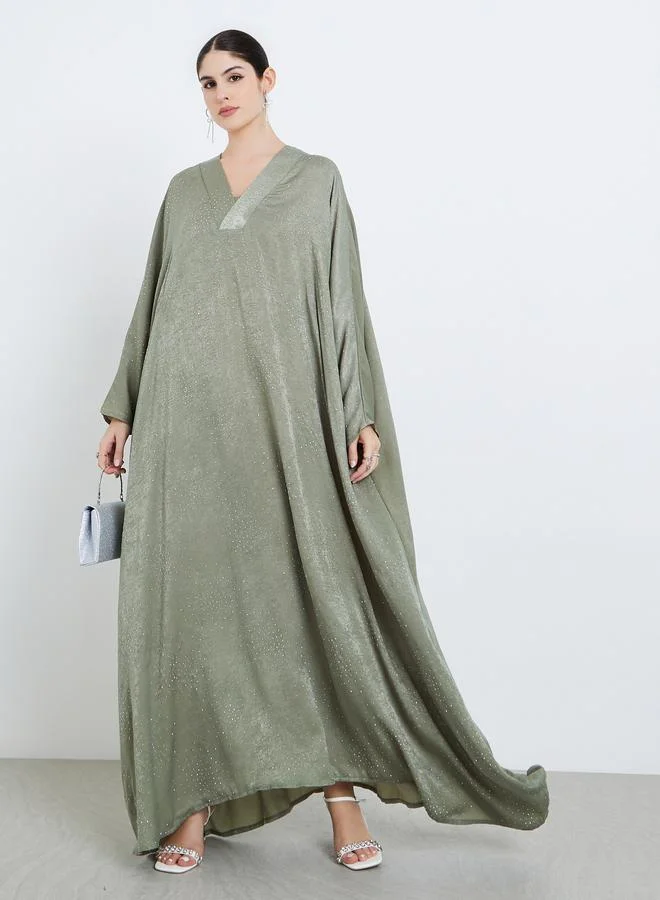 Amirah Women Green Satin V-Neck A-Line Jalabiya