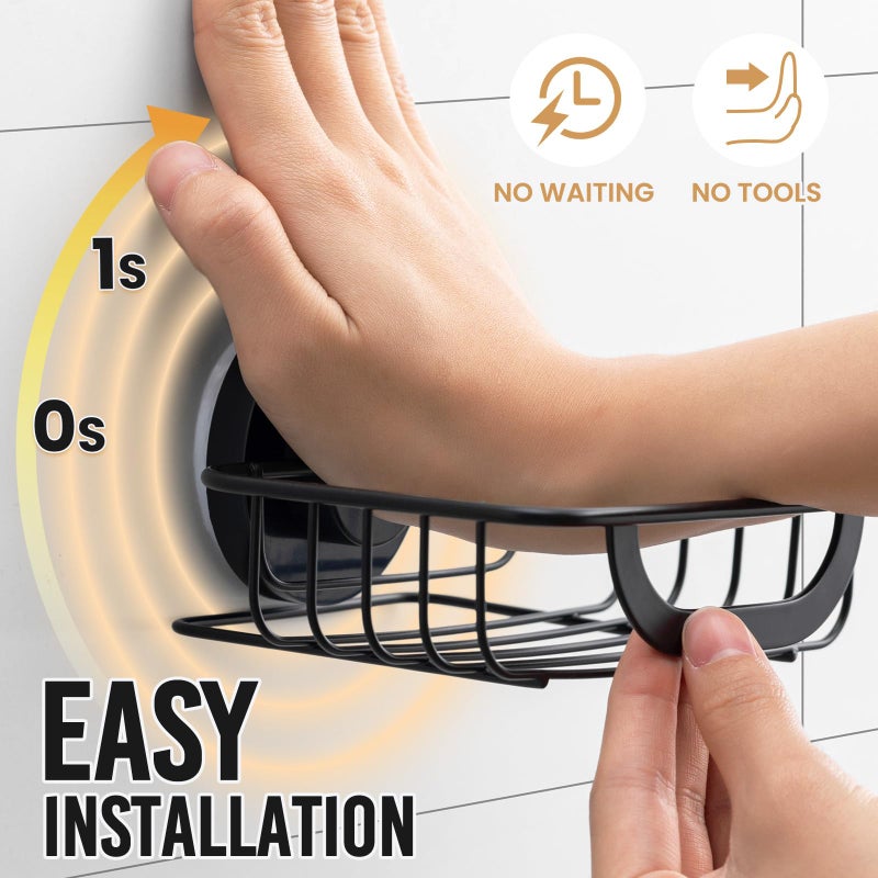 LEVERLOC Soap Holder Shower with Hooks, Bar Suction Cup Soap Dish Tray for Wall, Rust-Proof Stainless Steel Sponge Caddy for Bathroom Accessories Organizer Bathtub Kitchen Sink, Black - Image 2