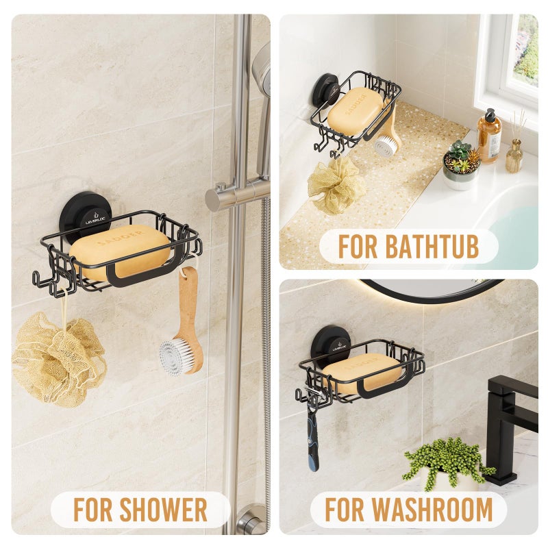 LEVERLOC Soap Holder Shower with Hooks, Bar Suction Cup Soap Dish Tray for Wall, Rust-Proof Stainless Steel Sponge Caddy for Bathroom Accessories Organizer Bathtub Kitchen Sink, Black - Image 3
