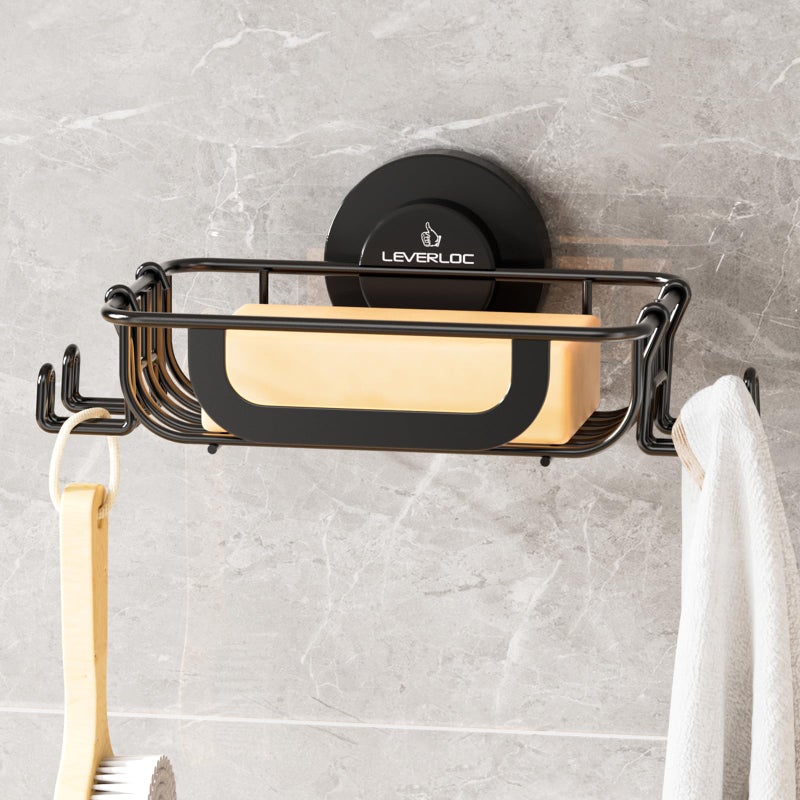 LEVERLOC Soap Holder Shower with Hooks, Bar Suction Cup Soap Dish Tray for Wall, Rust-Proof Stainless Steel Sponge Caddy for Bathroom Accessories Organizer Bathtub Kitchen Sink, Black - Image 1