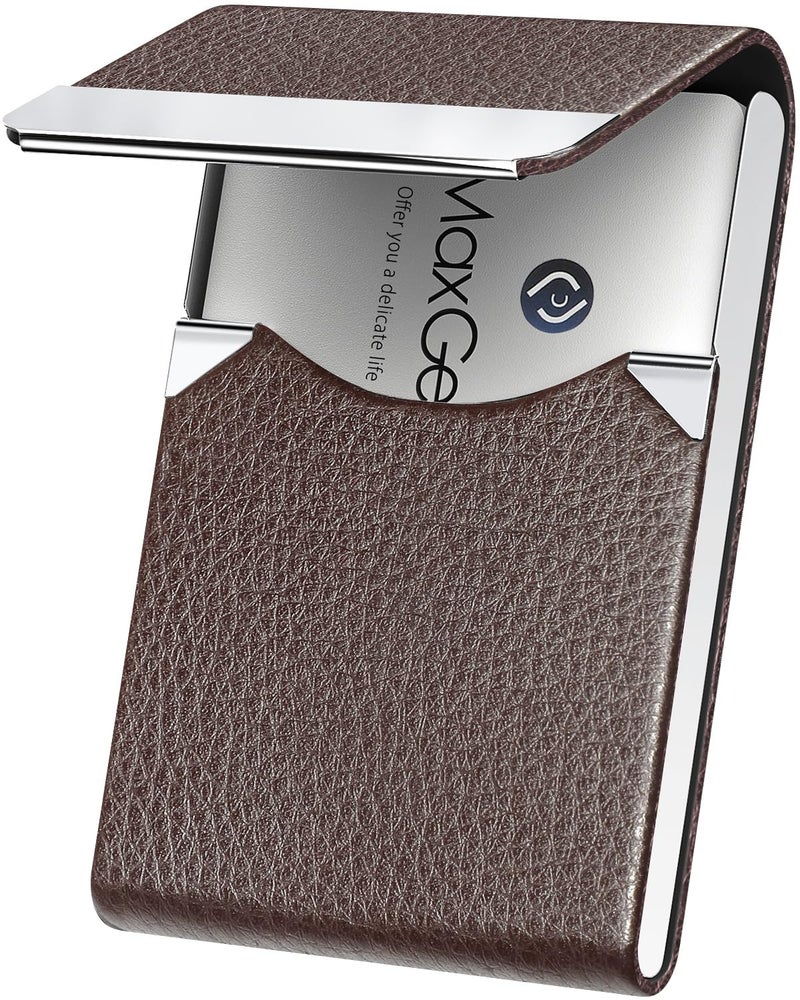 MaxGear Business Card Holder, Slim PU Leather & Stainless Steel Business Card Case for Men & Women, RFID Blocking Name Card Holder with Magnetic Closure, Coffee - Image 1