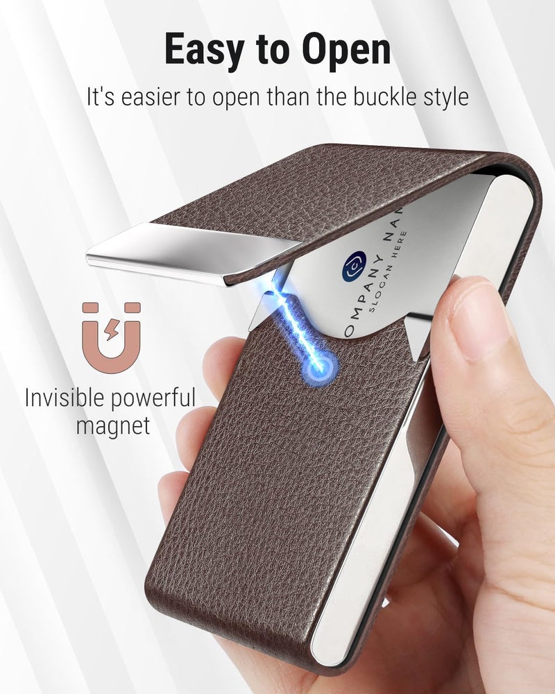 MaxGear Business Card Holder, Slim PU Leather & Stainless Steel Business Card Case for Men & Women, RFID Blocking Name Card Holder with Magnetic Closure, Coffee - Image 3