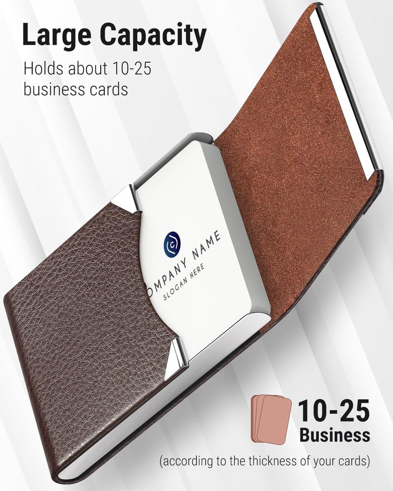 MaxGear Business Card Holder, Slim PU Leather & Stainless Steel Business Card Case for Men & Women, RFID Blocking Name Card Holder with Magnetic Closure, Coffee - Image 2