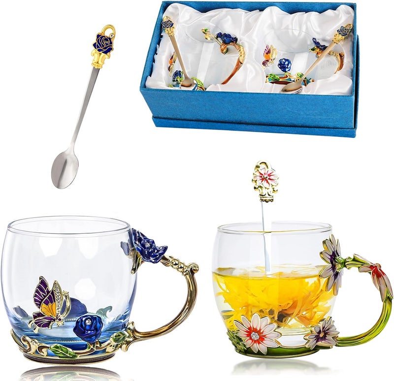 DUMVOIN Tea Cup Glass Coffee MugsFancy Tea Cup Set Birthday Christmas Valentines Day Gift Idea for Tea Lover and Women Novelty Coffee Mugs Rose Flower Enamel Tea Cup Glass Mug with Spoon Blue  Green - Image 1