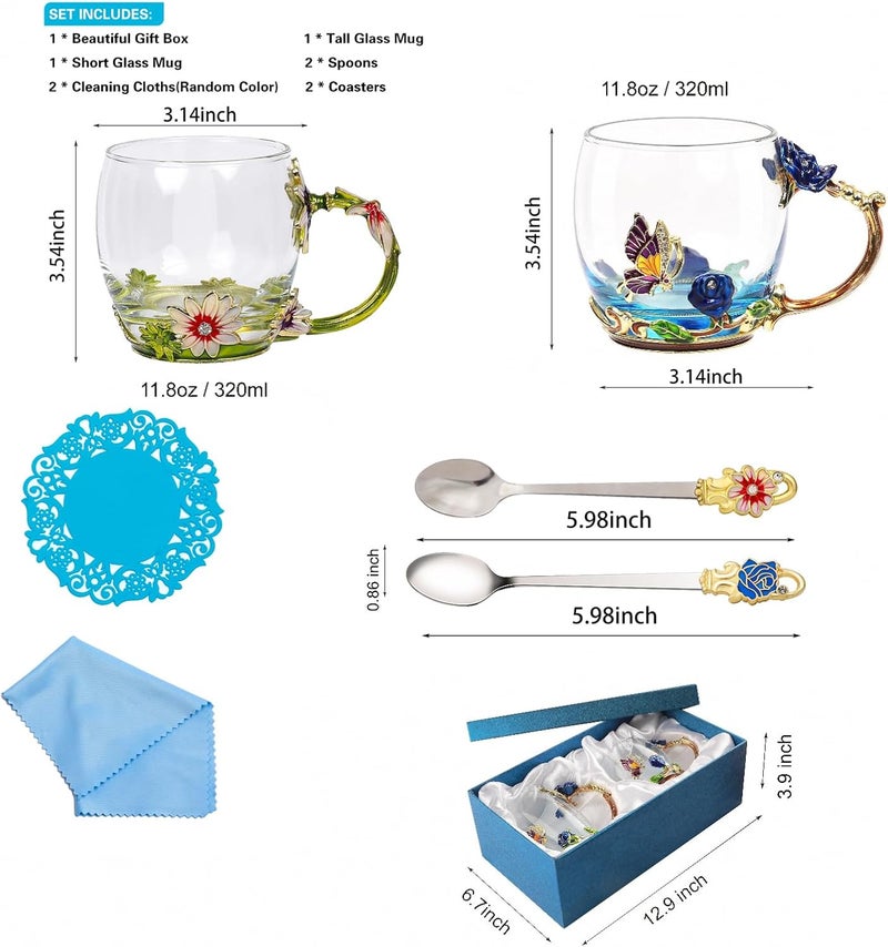 DUMVOIN Tea Cup Glass Coffee MugsFancy Tea Cup Set Birthday Christmas Valentines Day Gift Idea for Tea Lover and Women Novelty Coffee Mugs Rose Flower Enamel Tea Cup Glass Mug with Spoon Blue  Green - Image 2
