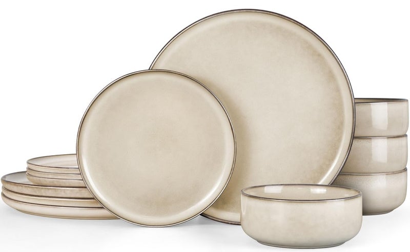 Herogo Stoneware Plates and Bowls Sets for 4, 12 Pieces Modern Round Dinnerware, Reactive Glaze Dishes Set for Kitchen, Chip Resistant, Microwave & Dishwasher Safe, Cream Khaki - Image 1