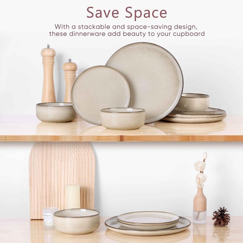 Herogo Stoneware Plates and Bowls Sets for 4, 12 Pieces Modern Round Dinnerware, Reactive Glaze Dishes Set for Kitchen, Chip Resistant, Microwave & Dishwasher Safe, Cream Khaki - Image 3