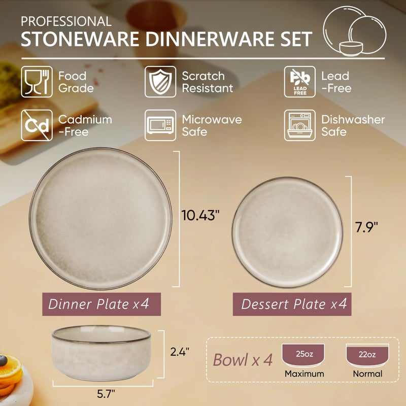 Herogo Stoneware Plates and Bowls Sets for 4, 12 Pieces Modern Round Dinnerware, Reactive Glaze Dishes Set for Kitchen, Chip Resistant, Microwave & Dishwasher Safe, Cream Khaki - Image 2