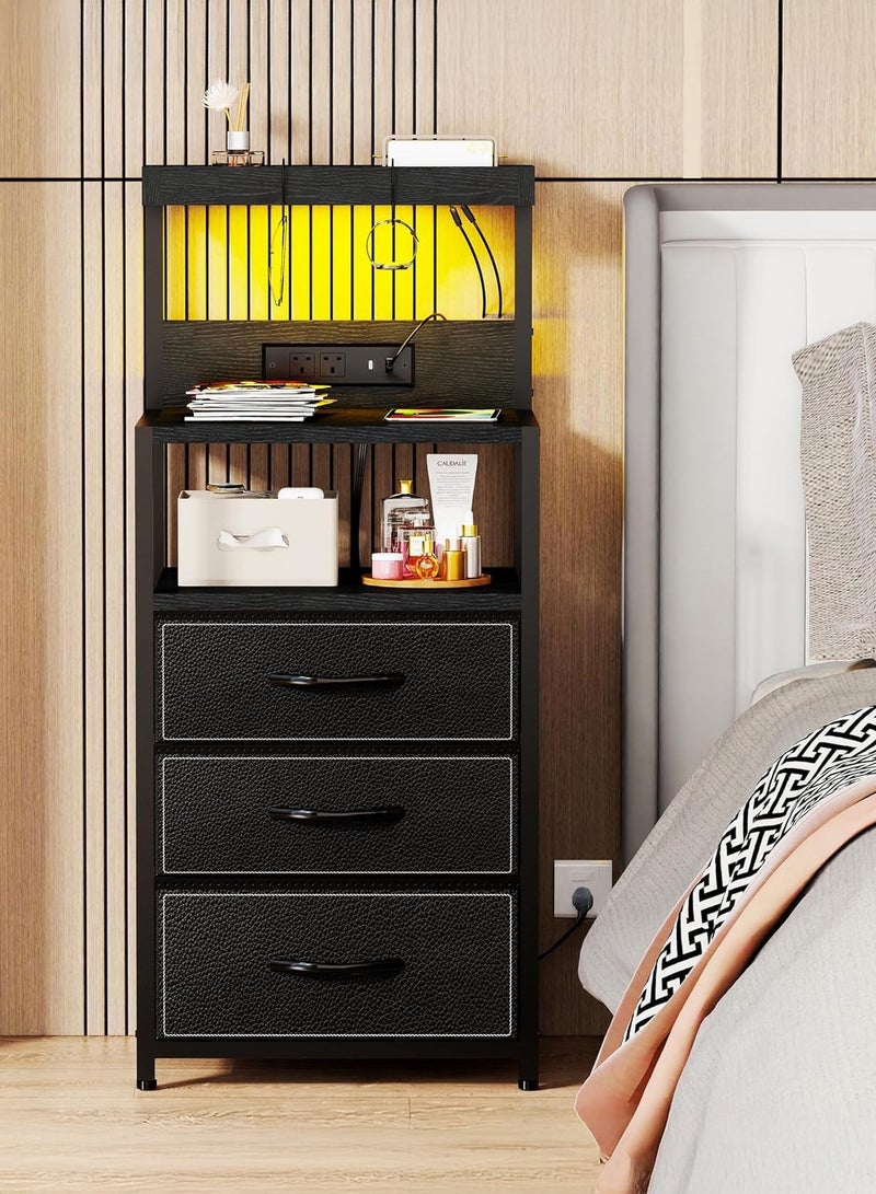 يانارا منضدة سرير بإضاءة LED، مناضد سرير بمقبس طاقة ومنفذ Type-C، طاولات نهاية السرير بـ 3 أدراج قماشية، مناضد سرير متناسقة مع خطاطيف ورفوف، باللون الأسود - Image 1