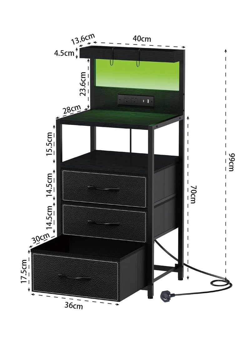 يانارا منضدة سرير بإضاءة LED، مناضد سرير بمقبس طاقة ومنفذ Type-C، طاولات نهاية السرير بـ 3 أدراج قماشية، مناضد سرير متناسقة مع خطاطيف ورفوف، باللون الأسود - Image 4