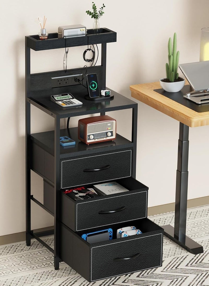 يانارا منضدة سرير بإضاءة LED، مناضد سرير بمقبس طاقة ومنفذ Type-C، طاولات نهاية السرير بـ 3 أدراج قماشية، مناضد سرير متناسقة مع خطاطيف ورفوف، باللون الأسود - Image 2