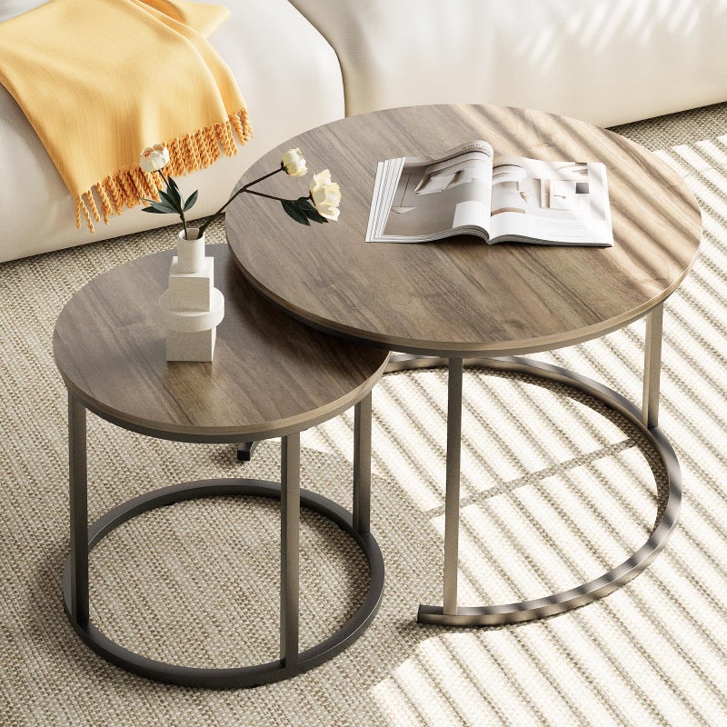 aboxoo Coffee Table Nesting Side Round Table Set of 2 End Table with Sturdy Metal Frame for Living Room Bedroom Apartment Modern Industrial Simple Nightstand,Oak - Image 1