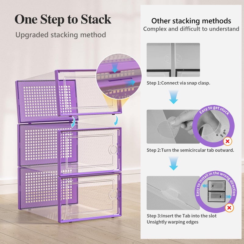 Kuject X-Large Shoe Storage Boxes Organizers Clear Plastic Stackable 12 Pack, Shoe Rack & Holder Substitute, Sneaker Containers, Toy Storage Organizer Bins for Entryway, Closet, Under Bed, Purple - Image 4