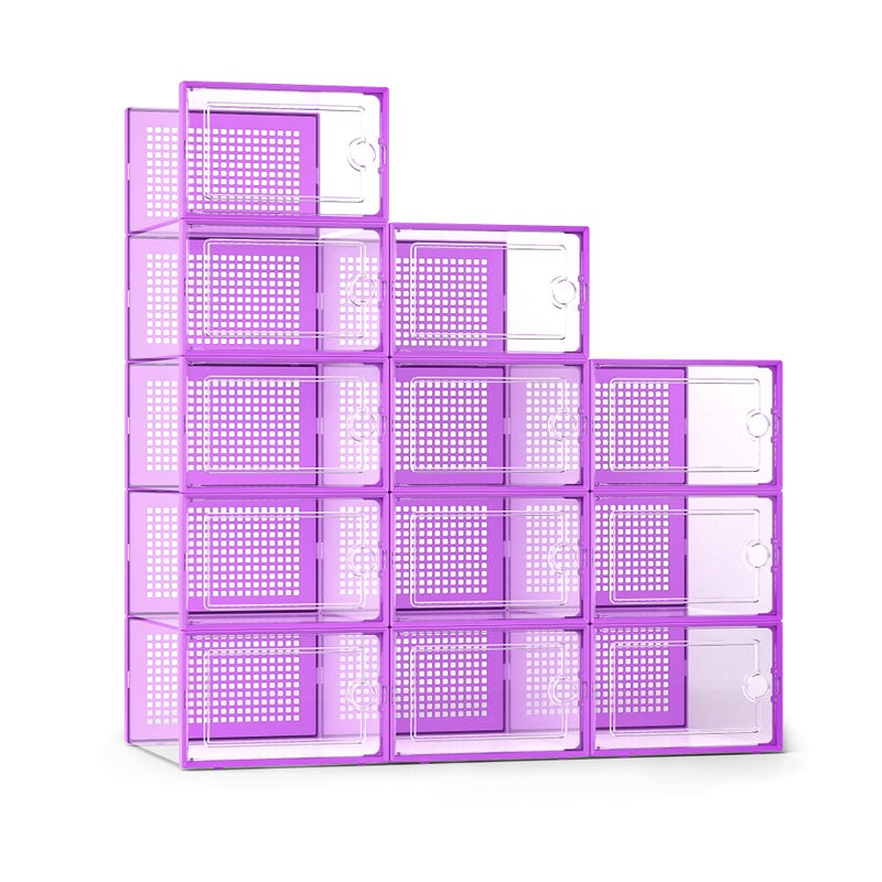 Kuject X-Large Shoe Storage Boxes Organizers Clear Plastic Stackable 12 Pack, Shoe Rack & Holder Substitute, Sneaker Containers, Toy Storage Organizer Bins for Entryway, Closet, Under Bed, Purple - Image 1