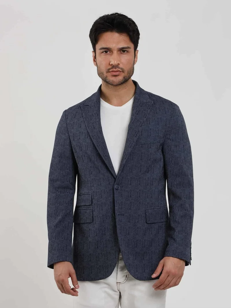 دوفي Navy Blue Men's Slim Fit Striped Pointed Collar Jacket 104442