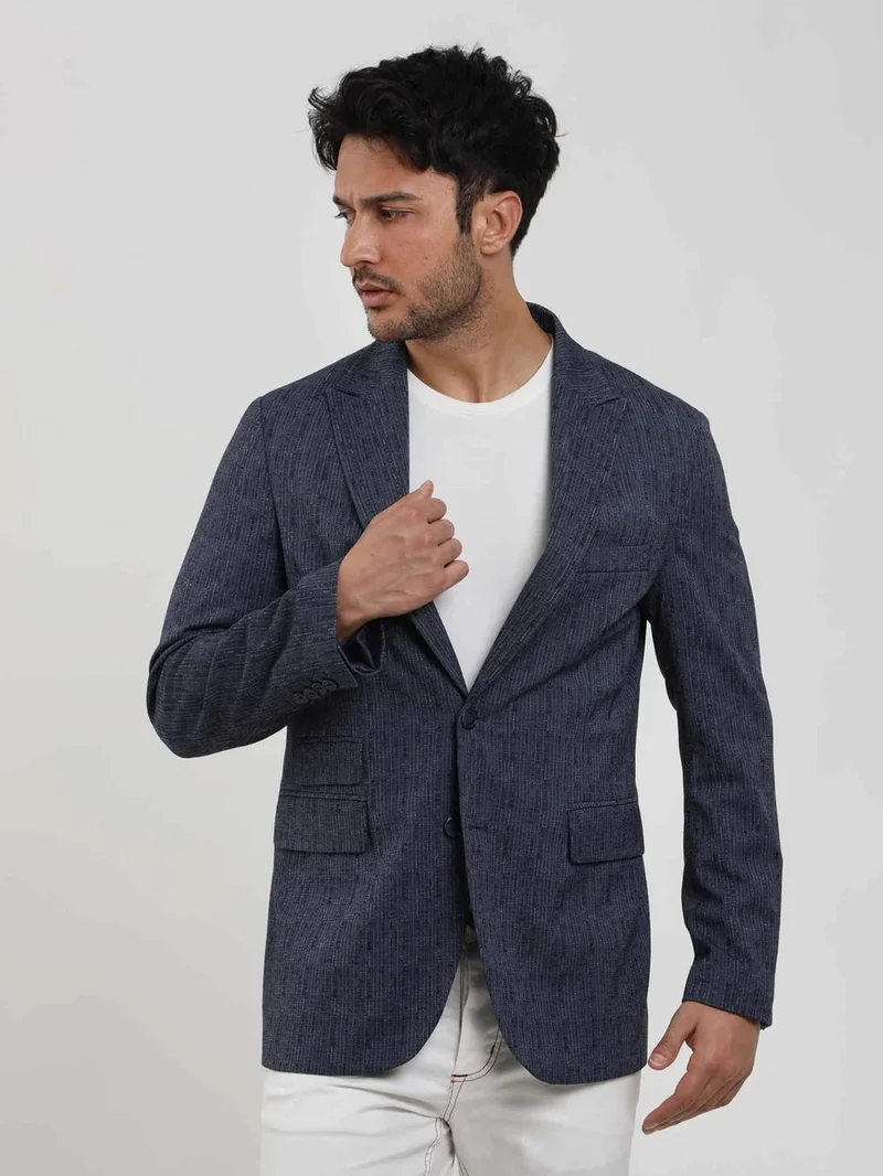 دوفي Navy Blue Men's Slim Fit Striped Pointed Collar Jacket 104442