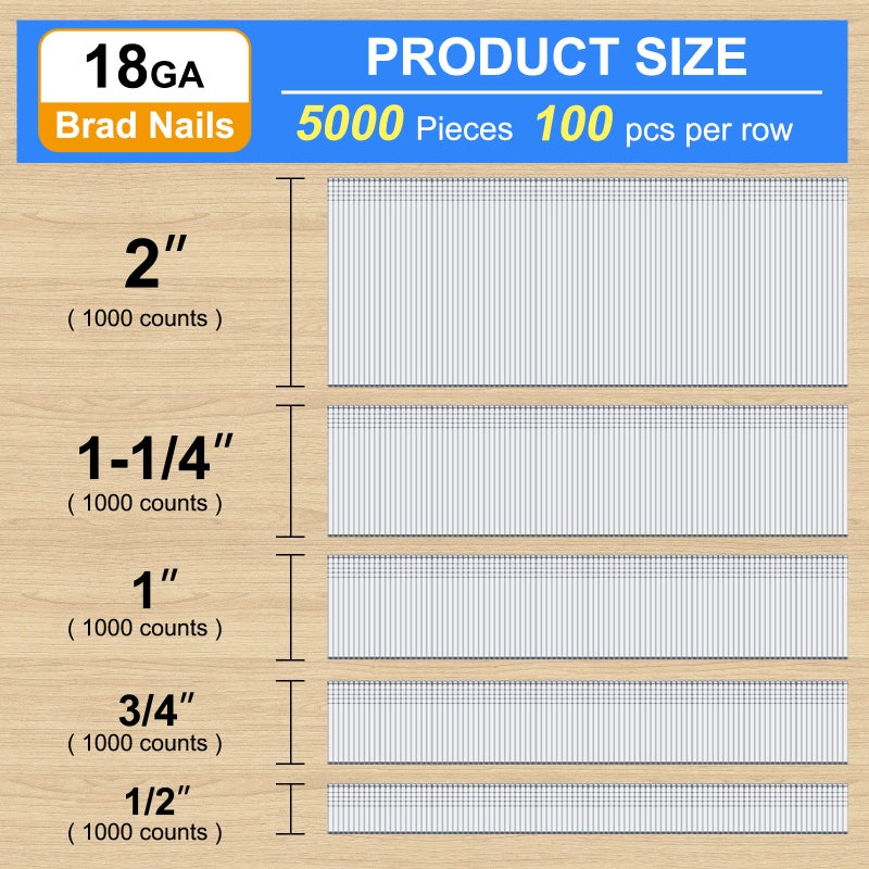 SimCos 5000 pcs 18 Gauge Brad Nails (1/2",3/4",1",1-1/4",2") Galvanized 18 GA Nail Gun Nails Assorted and Small Finishing Nails for Pneumatic, Electric Brad Nailer (package may be changed) - Image 2