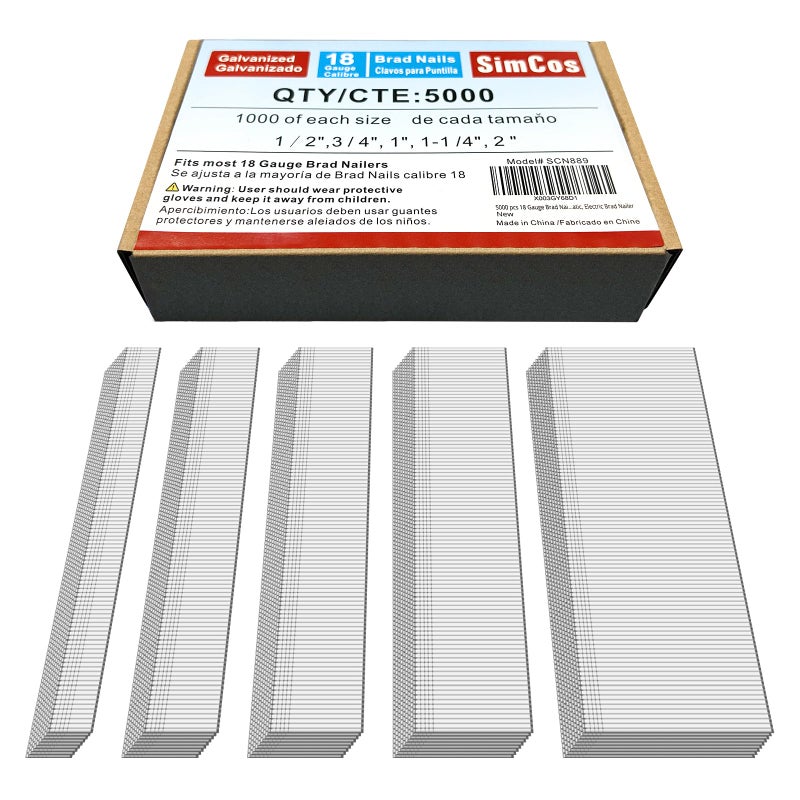 SimCos 5000 pcs 18 Gauge Brad Nails (1/2",3/4",1",1-1/4",2") Galvanized 18 GA Nail Gun Nails Assorted and Small Finishing Nails for Pneumatic, Electric Brad Nailer (package may be changed) - Image 1